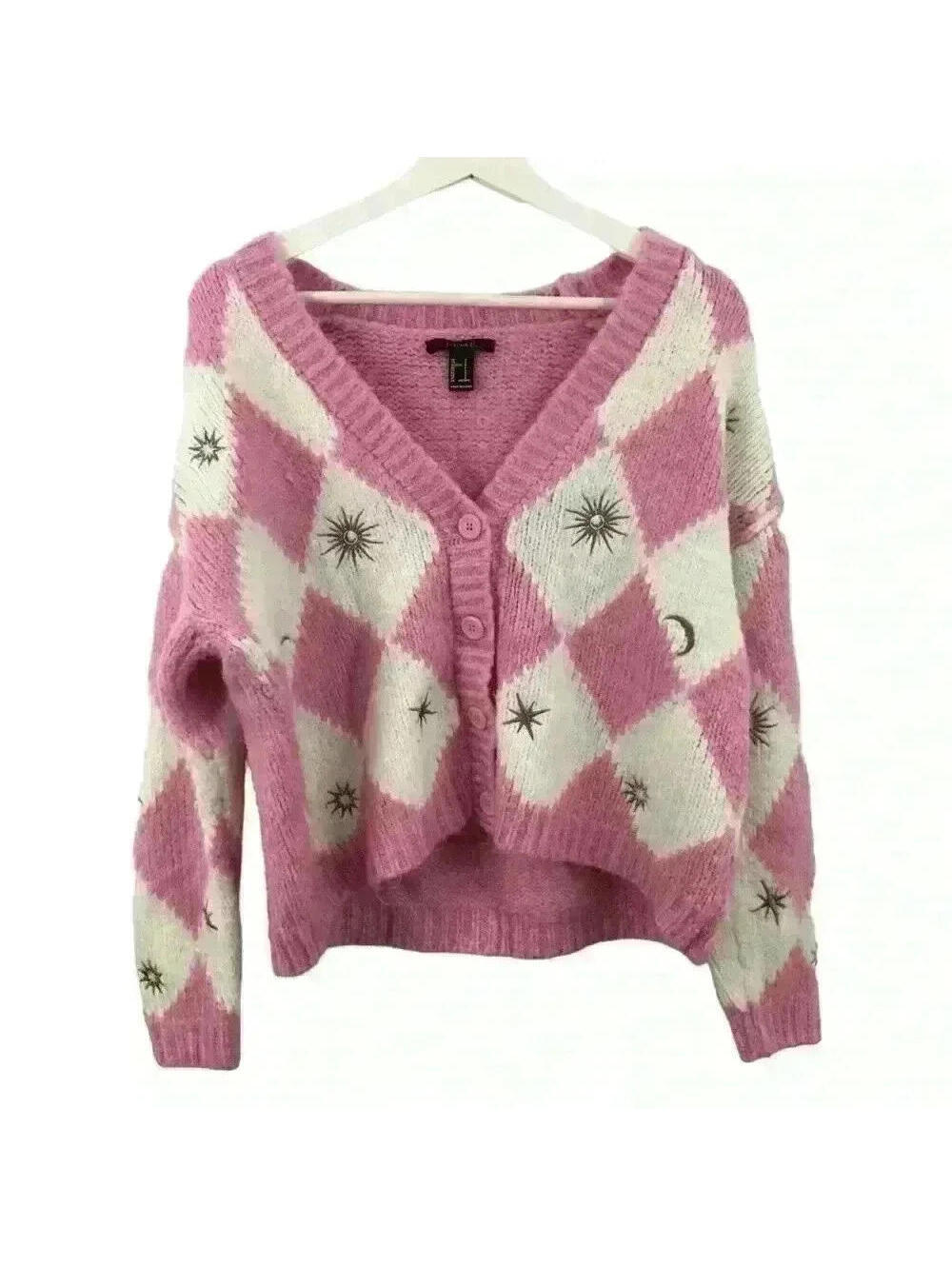 Forever 21 Women’s Preppy Plaid Pink White Button Down Cardigan Sweater Size S